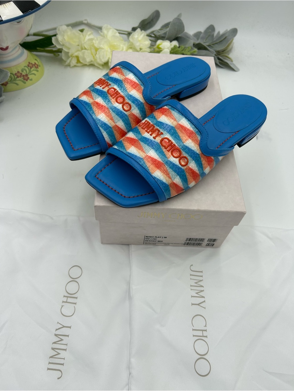 Women's Jimmy Choo Bright Blue Multicolor Patterned Slide Sandals size 38 - Picture 8 of 10